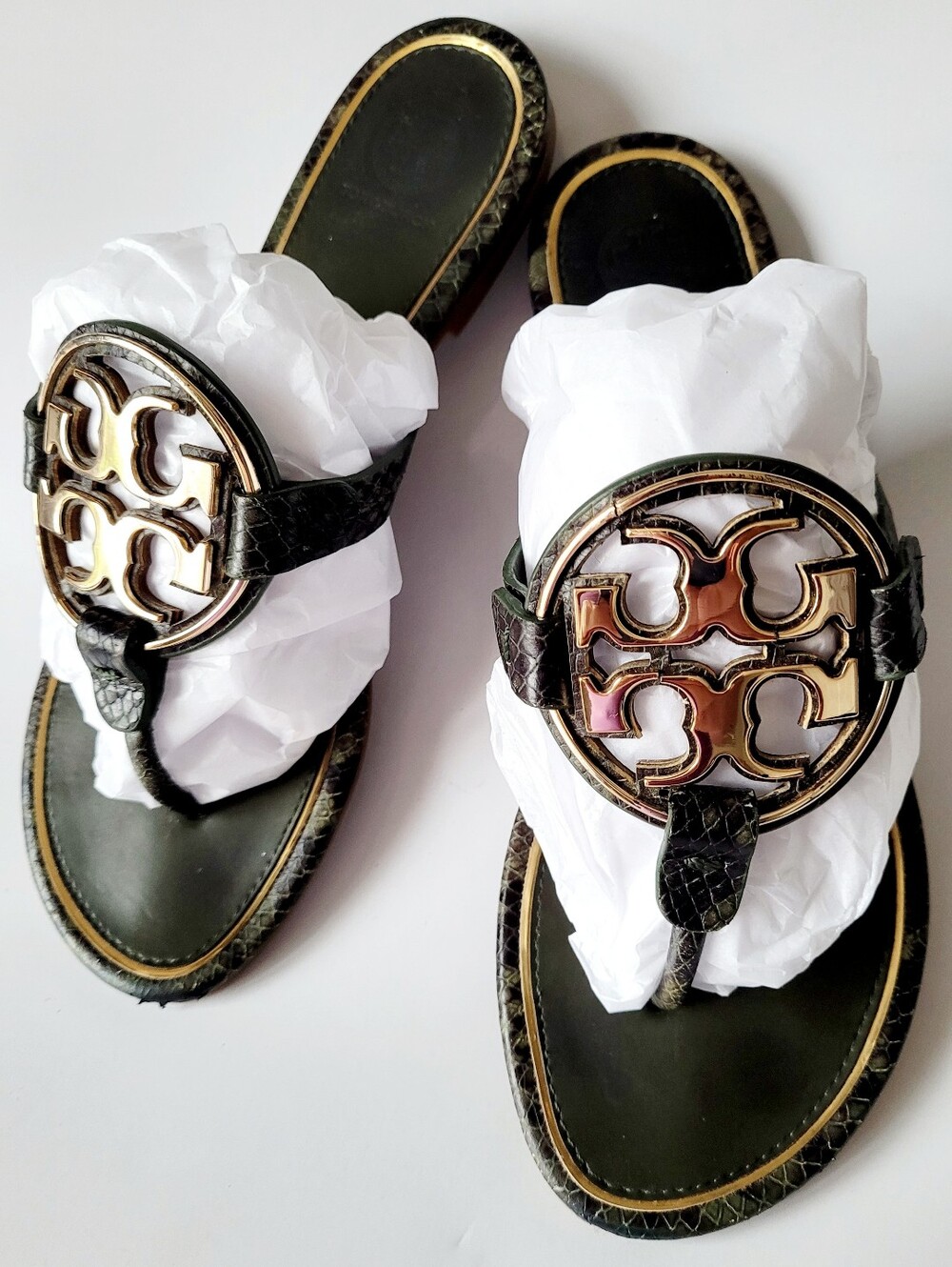 Tory Burch Miller Python Metal Medallion Thong Sandals Genuine Leather US 7 - Picture 6 of 16
